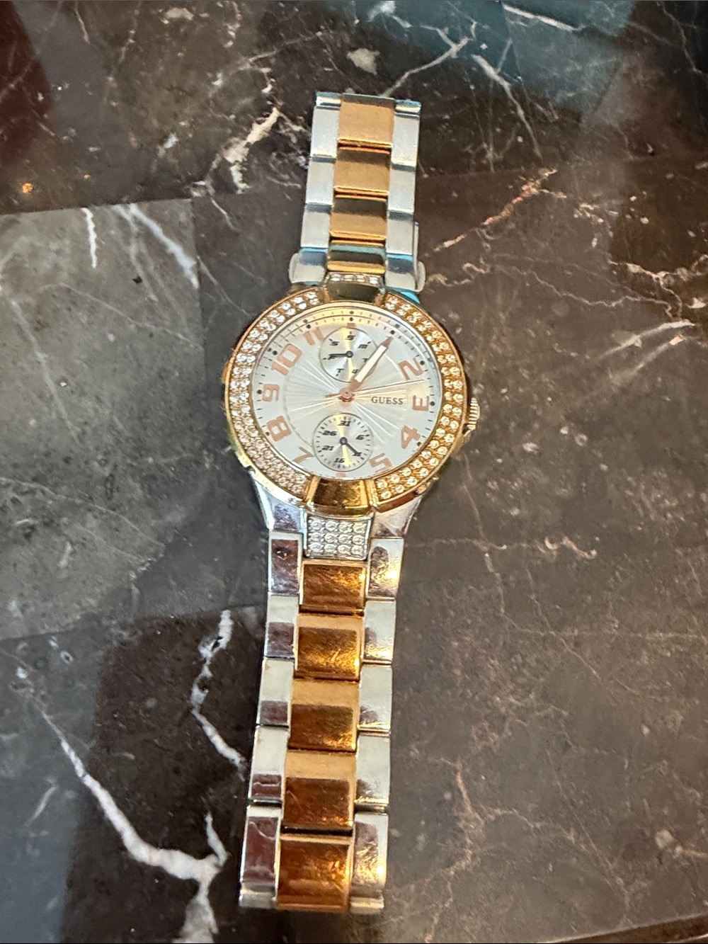 GUESS Two-Tone Gold and Silver Crystal Bezel Women's Watch